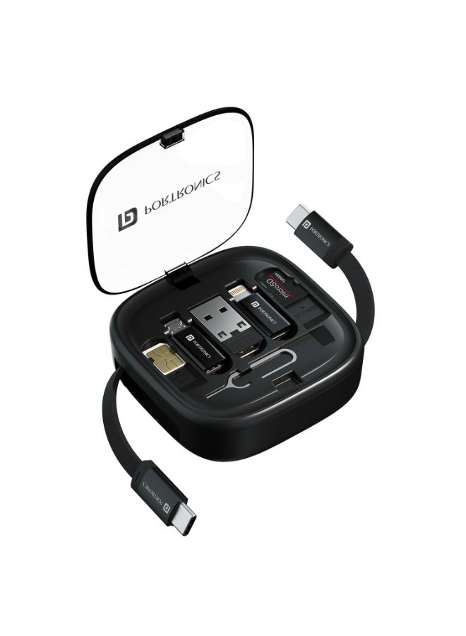 بورترونيكس Portronics Snapcase 2 60W Multifunctional Fast Charging Data Cable Kit With Retractable Cable, Conversion Set USB A & Type C to Male Micro/Lightning,Sim Storage,Sim Eject Pin - Image 1
